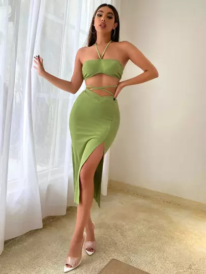 SHEIN Privé 露背短版繞頸上衣帶開衩半身裙