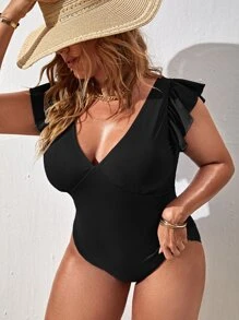 SHEIN Swim Curve Áo tắm một mảnh có đường gân gợn sóng quá khổ - màu đen - Xem 1