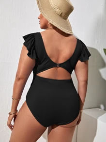 SHEIN Swim Curve Áo tắm một mảnh có đường gân gợn sóng quá khổ - màu đen - Xem 2