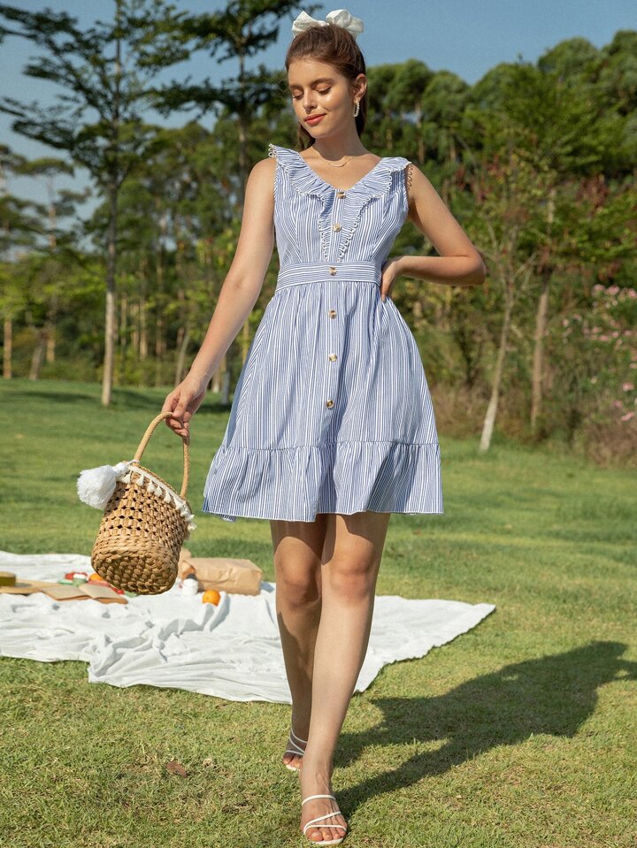 knee length dresses for ladies Jackie Wide Ruffle Hem Pinafore Midi Dress White main image 0