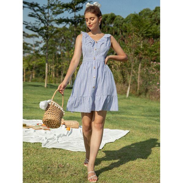 

Striped Ruffle Hem A-line Dress, Blue and white