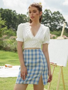 SHEIN WYWH Áo sơ mi Xù màu trơn Boho - trắng - Xem 5