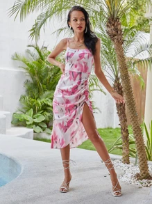 SHEIN SXY 紮染開衩大腿緞面吊帶連衣裙 - 粉色 - 查看 1