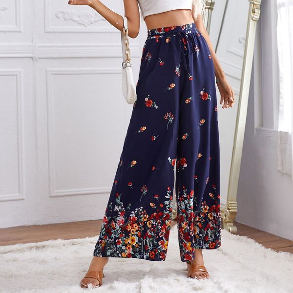 

Floral Print Tie Front Wide Leg Pants, Navy blue
