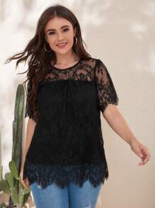 SHEIN LUNE Áo sơ mi Plus Size Nút màu trơn Giải trí - màu đen - Xem 1
