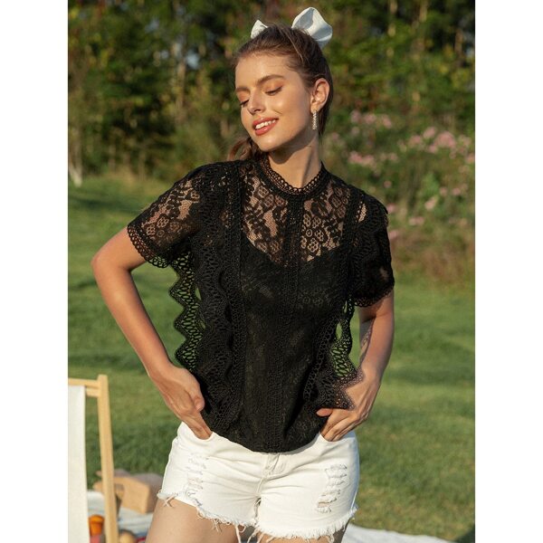 

Mock Neck Ruffle Trim Lace Blouse, Black