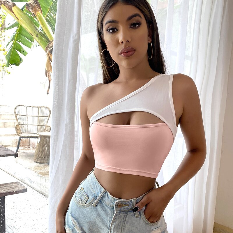 

Colorblock Cut Out Front One Shoulder Crop Top, Pink