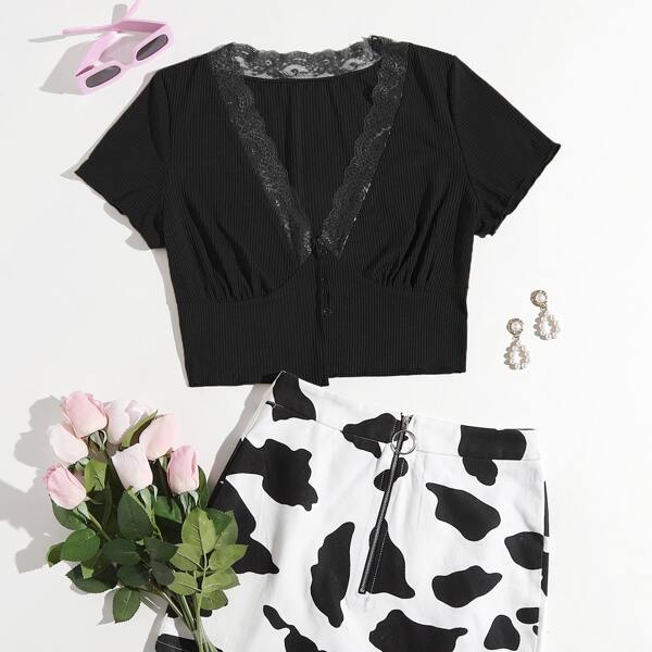 

Plus Lace Trim Rib-knit Crop Top, Black