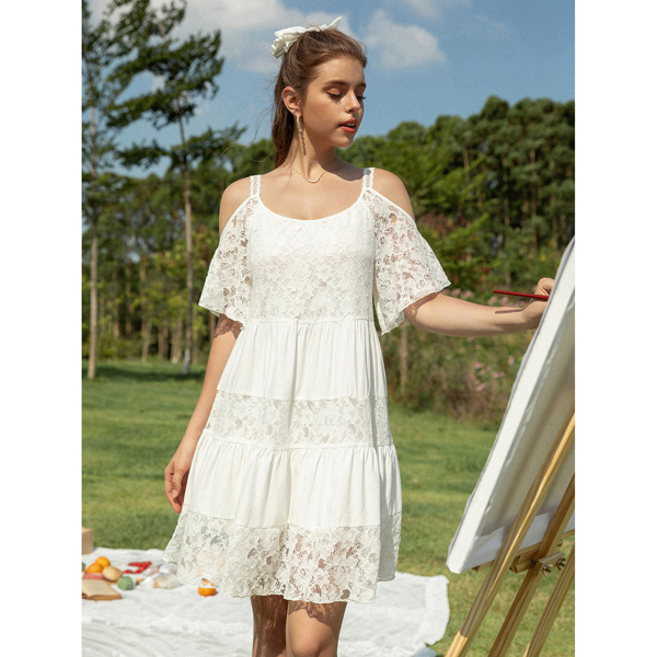 

Cold Shoulder Contrast Lace Panel Dress, White