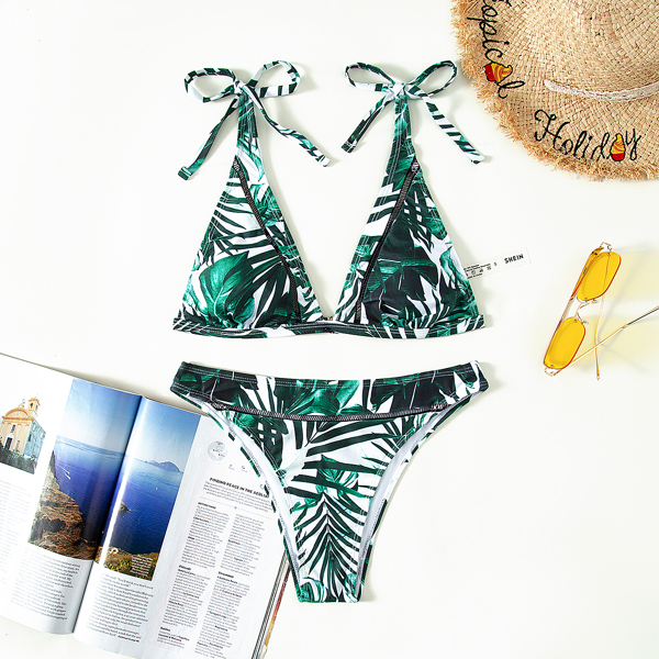 

Tropical Hollow Out Tie Shoulder Bikini Swimsuit, Multicolor