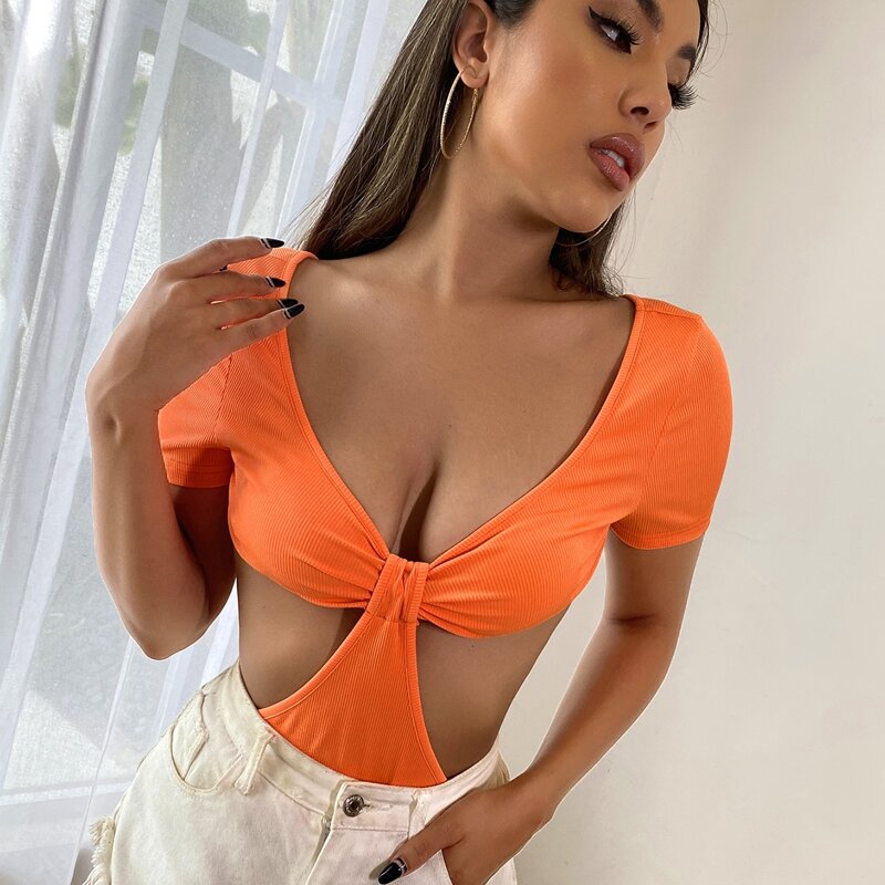 

Cut Out Backless Plunging Neck Tee, Orange