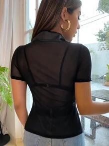 SHEIN BAE 前排扣透視網紗襯衫不附胸罩 - 黑色 - 查看 2