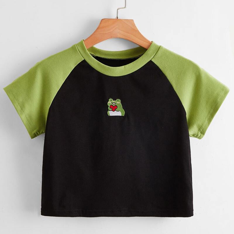 

Cartoon Frog Embroidery Colorblock Tee, Multicolor