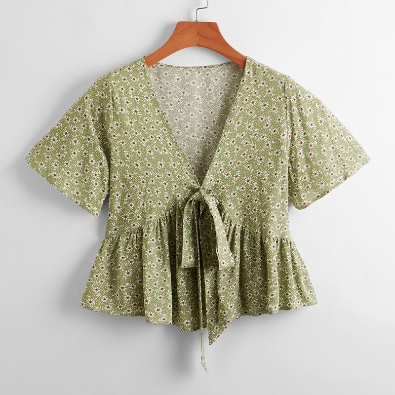 

Ditsy Floral Knot Peplum Blouse, Army green
