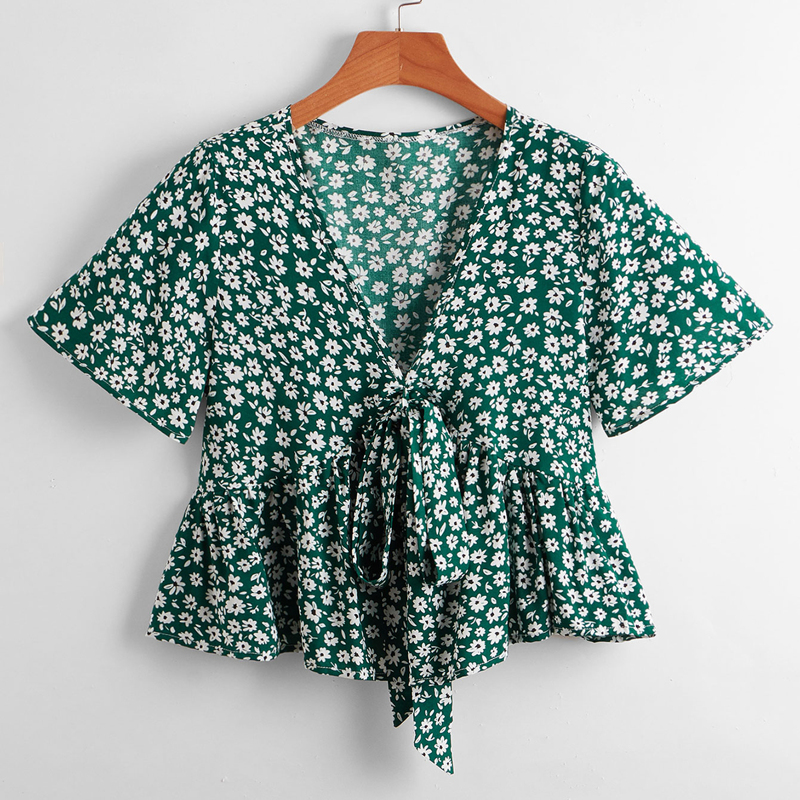 

Ditsy Floral Knot Peplum Blouse, Green