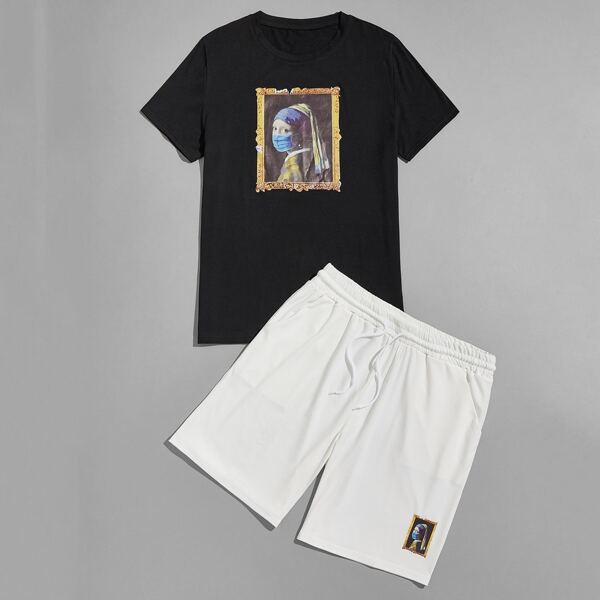 

Men Figure Graphic Tee & Drawstring Shorts, Black and white