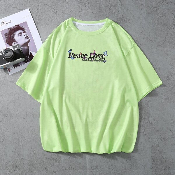 

Men Butterfly And Slogan Graphic Tee, Lime green