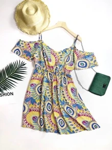 SHEIN LUNE 大碼滿版圖案挖肩連衣裙 - 彩色 - 查看 1