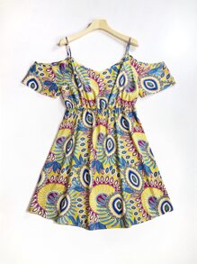 SHEIN LUNE 大碼滿版圖案挖肩連衣裙 - 彩色 - 查看 3