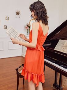 Macario Jimenez Ruffle Hem Solid Dress - Orange - View 2