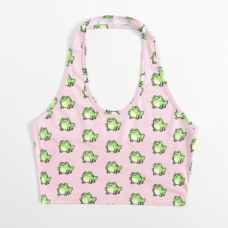 

Cartoon Frog Print Halter Crop Top, Pink