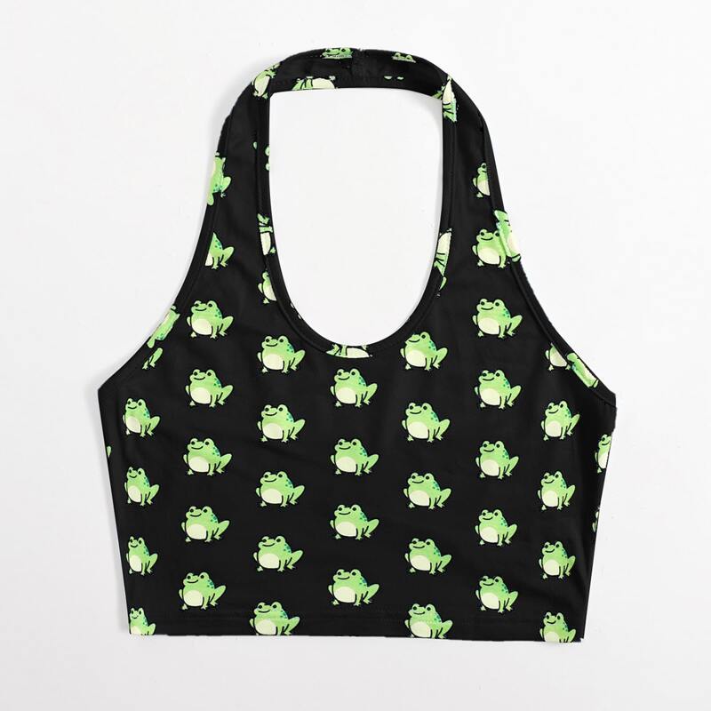 

Cartoon Frog Print Halter Crop Top, Black