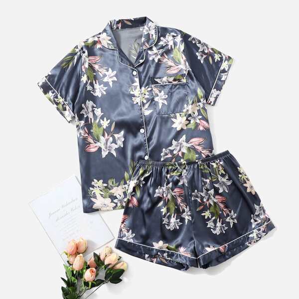 

Plus Floral Satin Pajama Set, Navy blue
