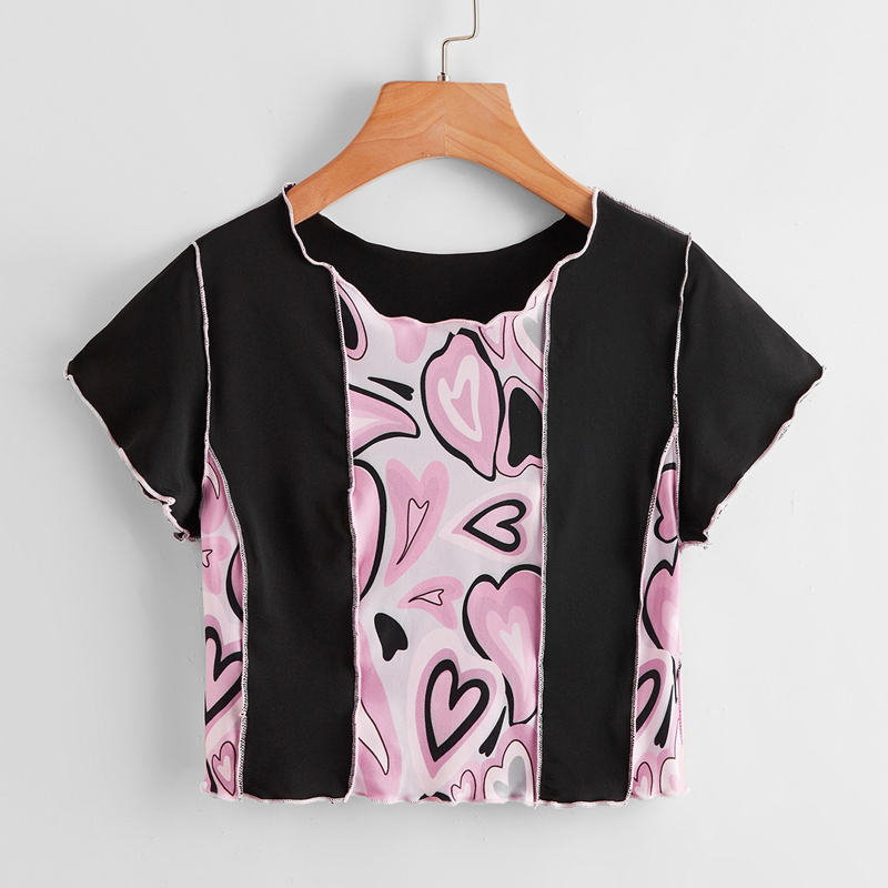 

Stitching Trim Contrast Heart Graphic Tee, Multicolor