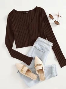 SHEIN EZwear Áo thun Gân đan màu trơn Giải trí - Màu nâu Sô-cô-la - Xem 1