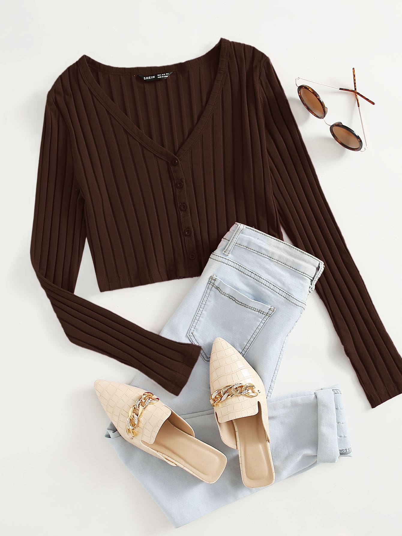 SHEIN EZwear Áo thun Gân đan màu trơn Giải trí - Màu nâu Sô-cô-la - Xem 1