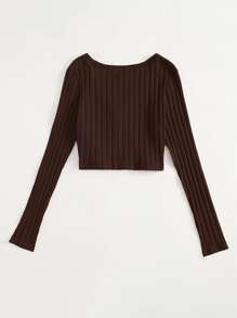 SHEIN EZwear Áo thun Gân đan màu trơn Giải trí - Màu nâu Sô-cô-la - Xem 2