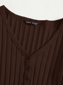 SHEIN EZwear Áo thun Gân đan màu trơn Giải trí - Màu nâu Sô-cô-la - Xem 4