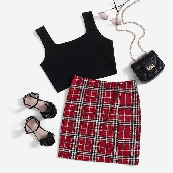 

Teen Girls Rib-knit Tank Top & Split Hem Plaid Skirt Set, Multicolor
