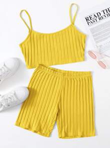 SHEIN EZwear 羅紋九分吊帶上衣和機車短褲套裝 - 黃色 - 查看 1