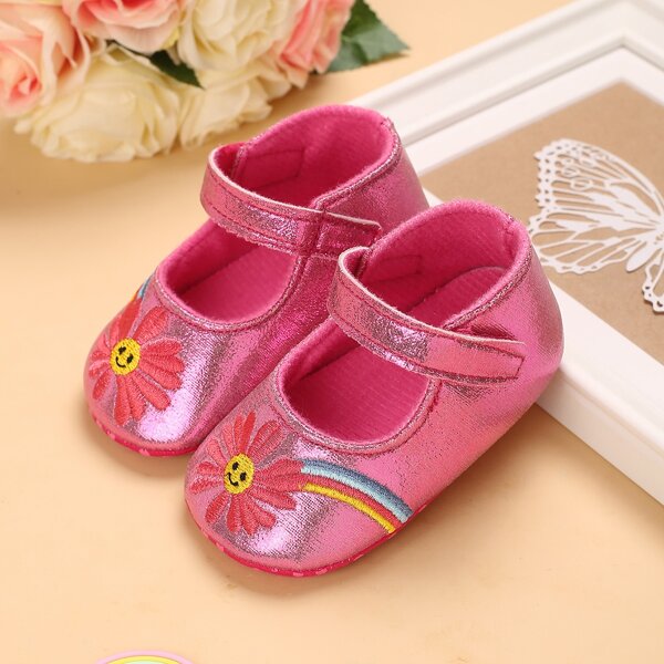 

Baby Girl Cartoon Flower Embroidered Flats, Hot pink