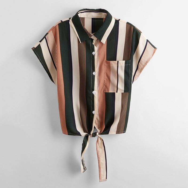 

Striped Button Front Knot Pocket Blouse, Multicolor