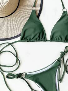 SHEIN Swim 素色比基尼套裝交叉三角形和側繫帶下裝2入組泳衣 - 綠色 - 查看 3