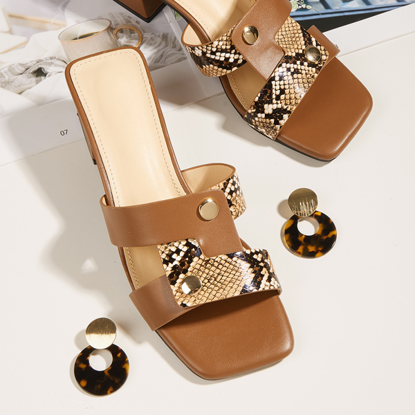 

Snakeskin Print Chunky Heeled Mule Sandals, Brown