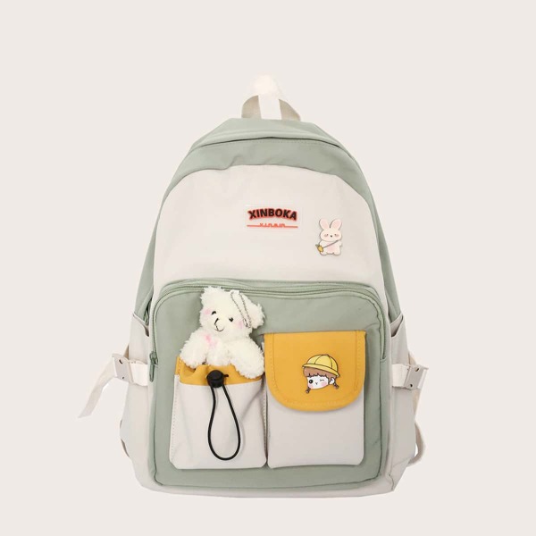 

Kids Cartoon Decor Color Block Backpack, Green