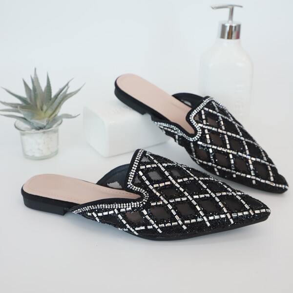 

Rhinestone Decor Point Toe Flat Mules, Black