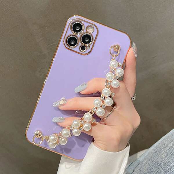 

Faux Pearl Hand Strap Phone Case, Purple