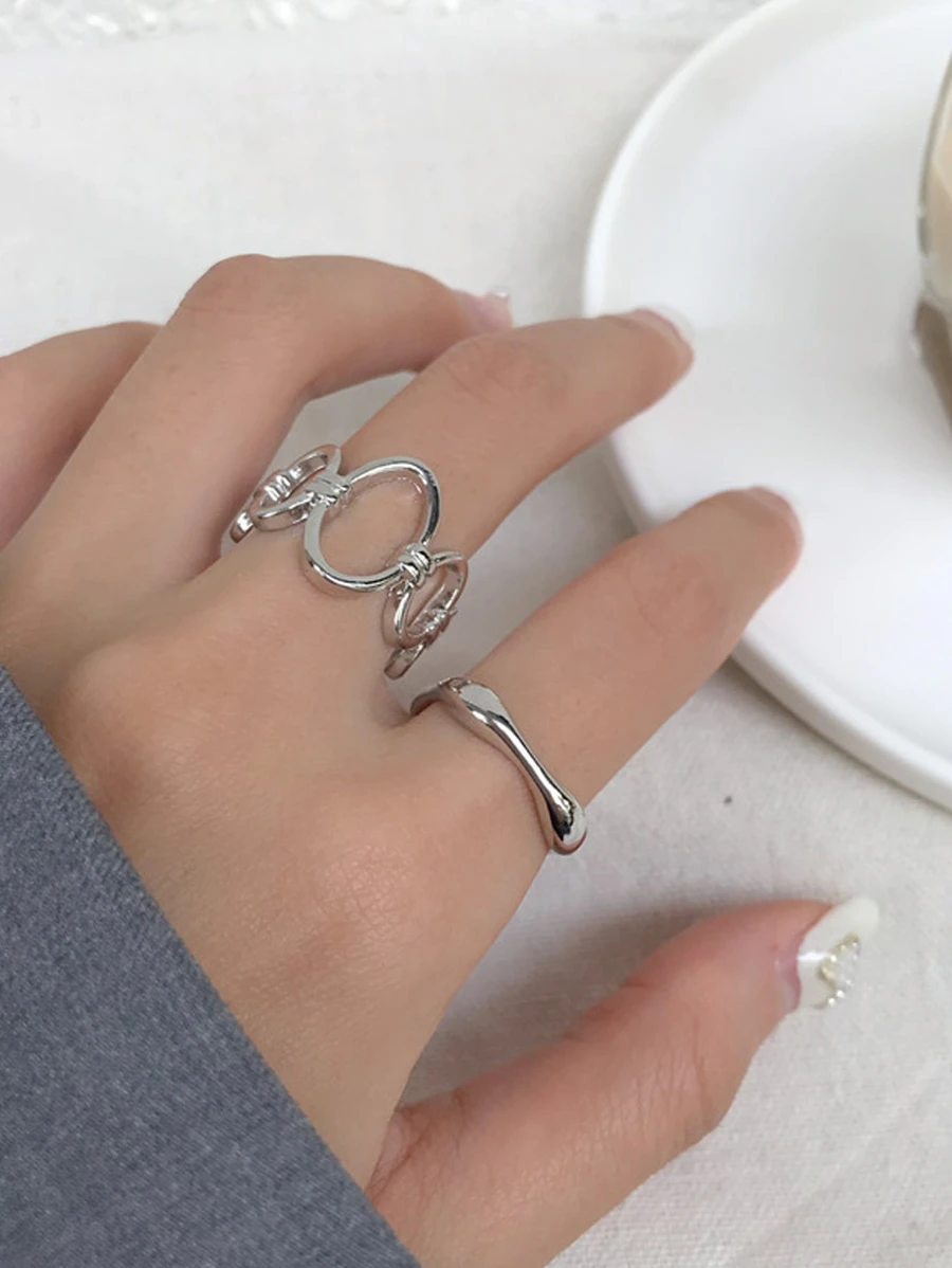 2pcs Simple And Fashionable Minimalist Circle Ring Set, Suitable For Women's Daily Wear - Silver - View 1