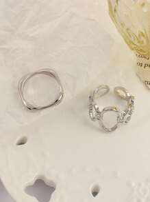2pcs Simple And Fashionable Minimalist Circle Ring Set, Suitable For Women's Daily Wear - Silver - View 2