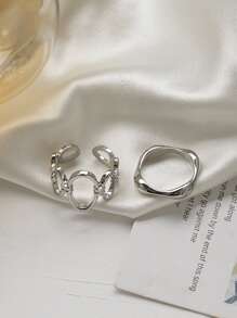 2pcs Simple And Fashionable Minimalist Circle Ring Set, Suitable For Women's Daily Wear - Silver - View 3