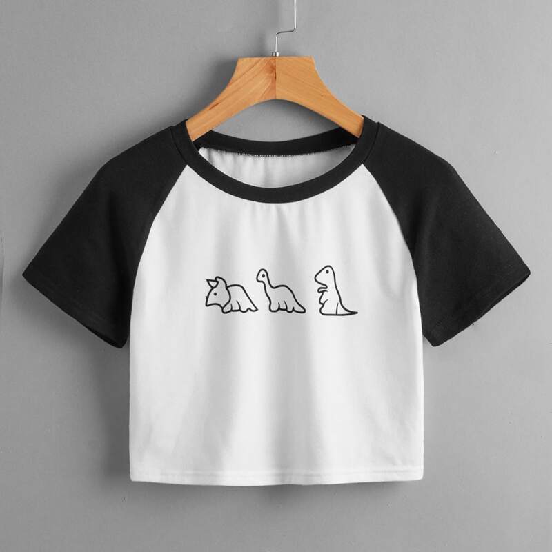 

Cartoon Dinosaur Graphic Colorblock Tee, Black and white