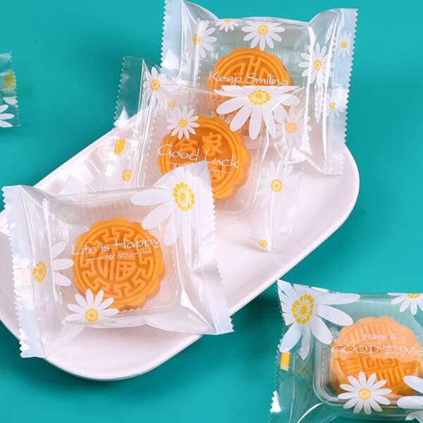 

100pcs Daisy Print Packaging Bag, White