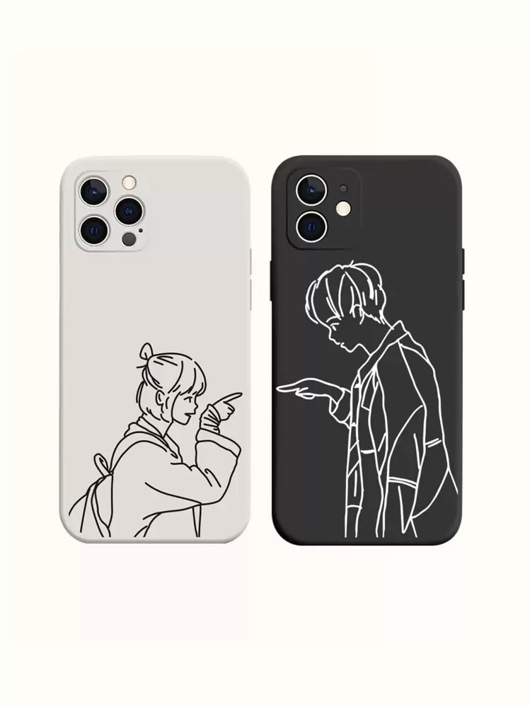 2 pièces Couple Coque de téléphone avec motif figure - Noir et Blanc - Voir 1
