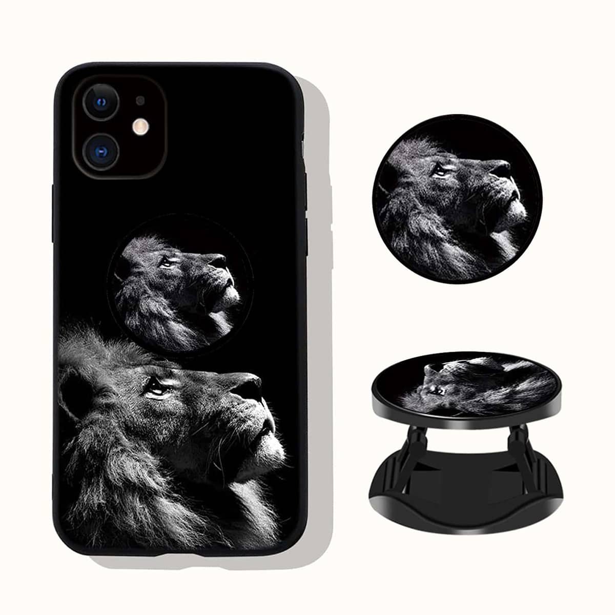 

Lion Print Phone Case With Foldable Holder, Black