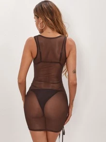 SHEIN BAE Vestido transparente de malla con fruncido con cordón sin set de lencería - Café integral - Ver 2