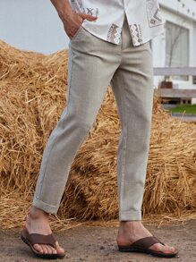 Manfinity Homme Men Slant Pocket Straight Leg Pants, Mens Linen Pants, Mens Beige Pants, Mens Slim Fit Pants
